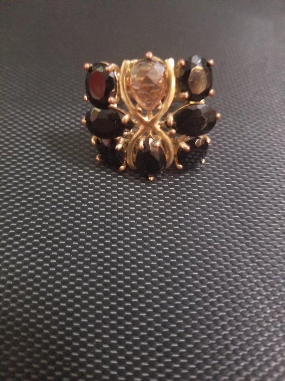 Antique Black Glass Geometric-Stone Gothic Gold-Tone Ring